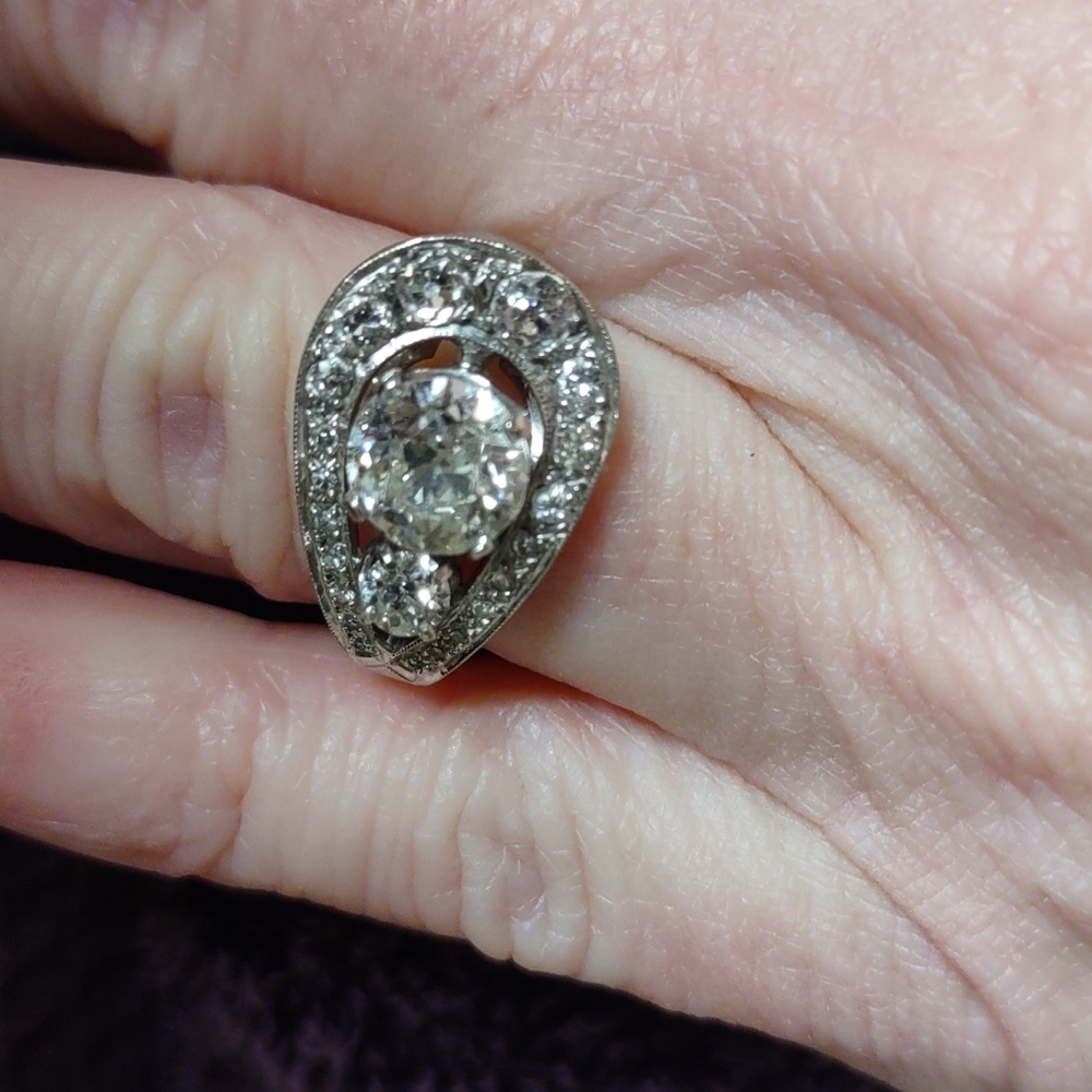 Old European cut diamond ring 14kt white gold U design